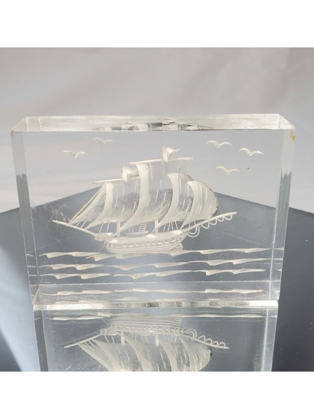 Vintage Reverse Carved Lucite Sailing Ship Boat Etching Paperweight Acrylic